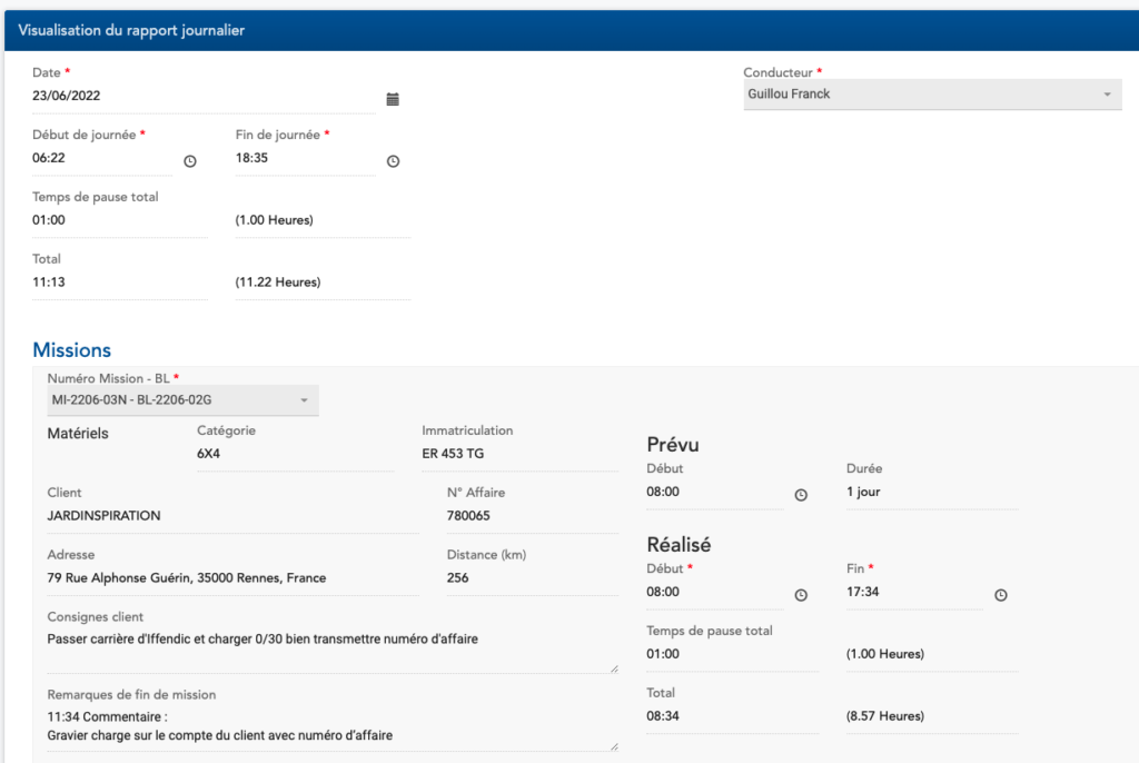 rapport journalier mission conducteur